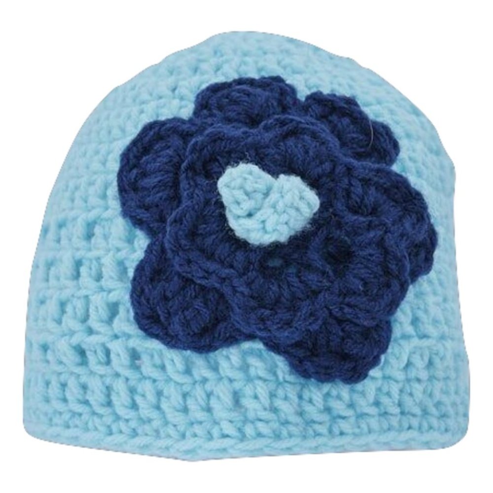 Women’s Homemade Hand Crocheted Light Blue & Navy Blue Flower Beanie Winter Hat - Picture 2 of 2